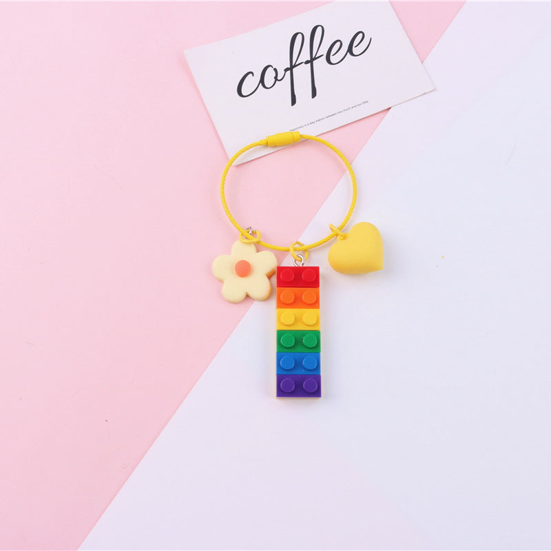 Wholesale Acrylic Building Blocks Rainbow Bell Pink Keychain